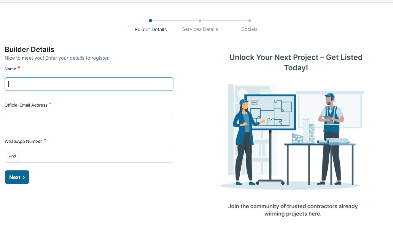 Builder registration details form screenshot