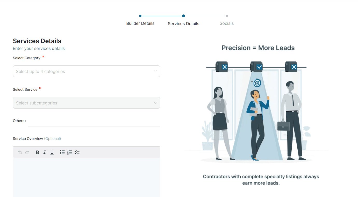 Builder registration services details form screenshot
