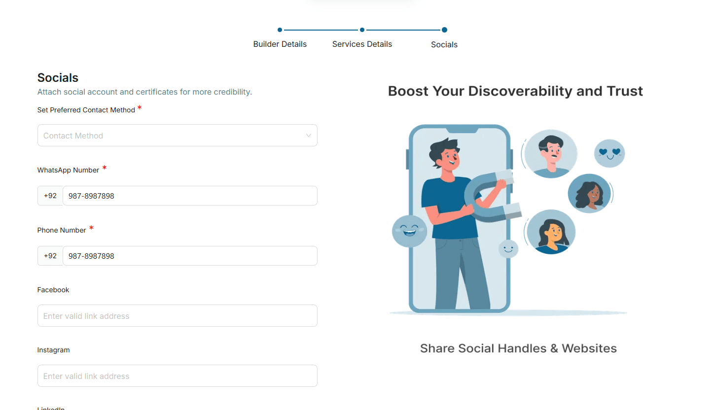 Marketplace registration socials form screenshot
